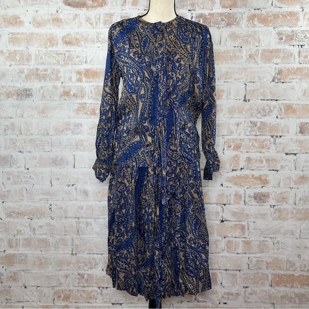 Vintage 80s Paisley Floral Matching Button Down Top and Midi Skirt Two Piece Set